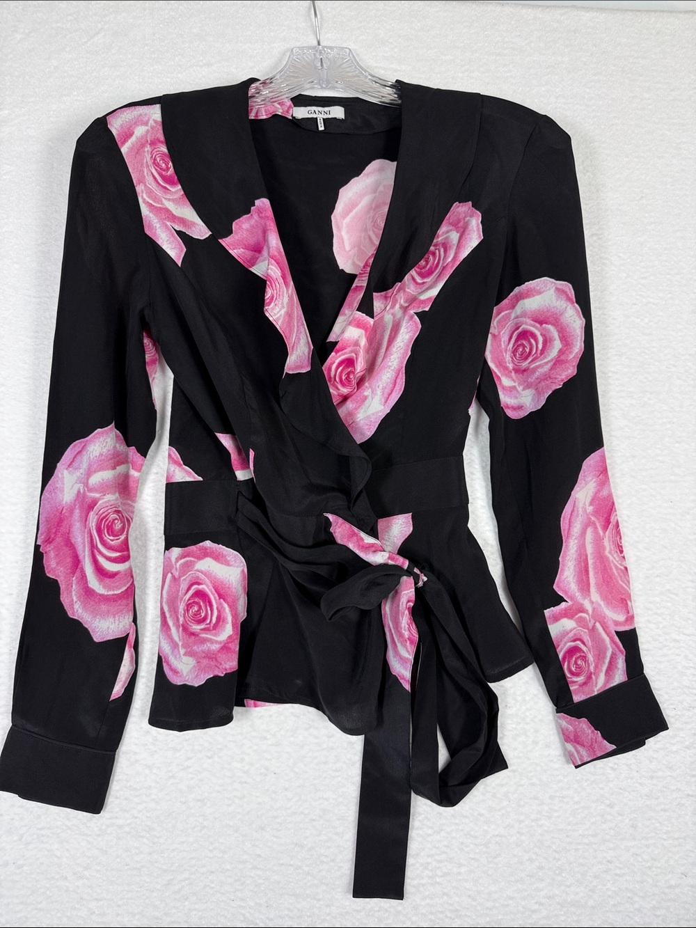 Ganni Silk Rose Wrap Blouse Black Pink size 34 US size 2